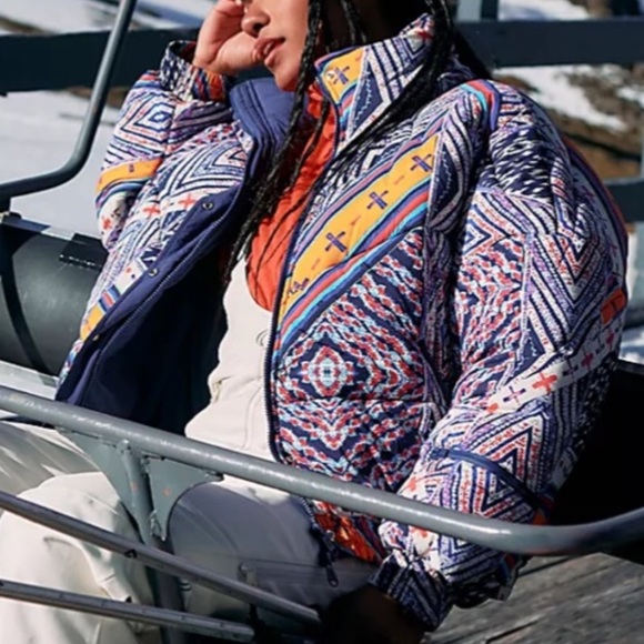 Free People FP Movement Power House Quilted Puffer Lg Blue Pink Jacket Coat - Picture 7 of 16